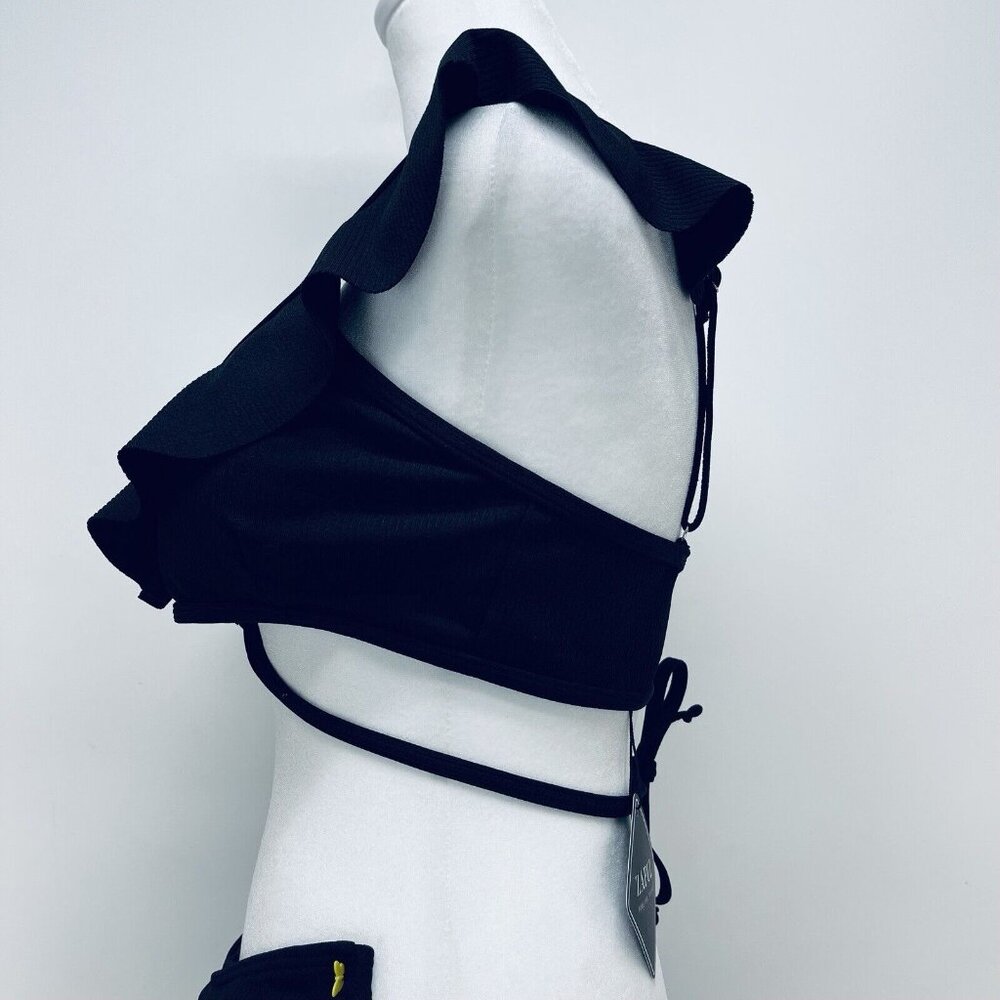 Zaful Bikini Size S Women’s Ruffle Swinsuit High Waist Side Tie Two Pieces Black - Picture 5 of 13